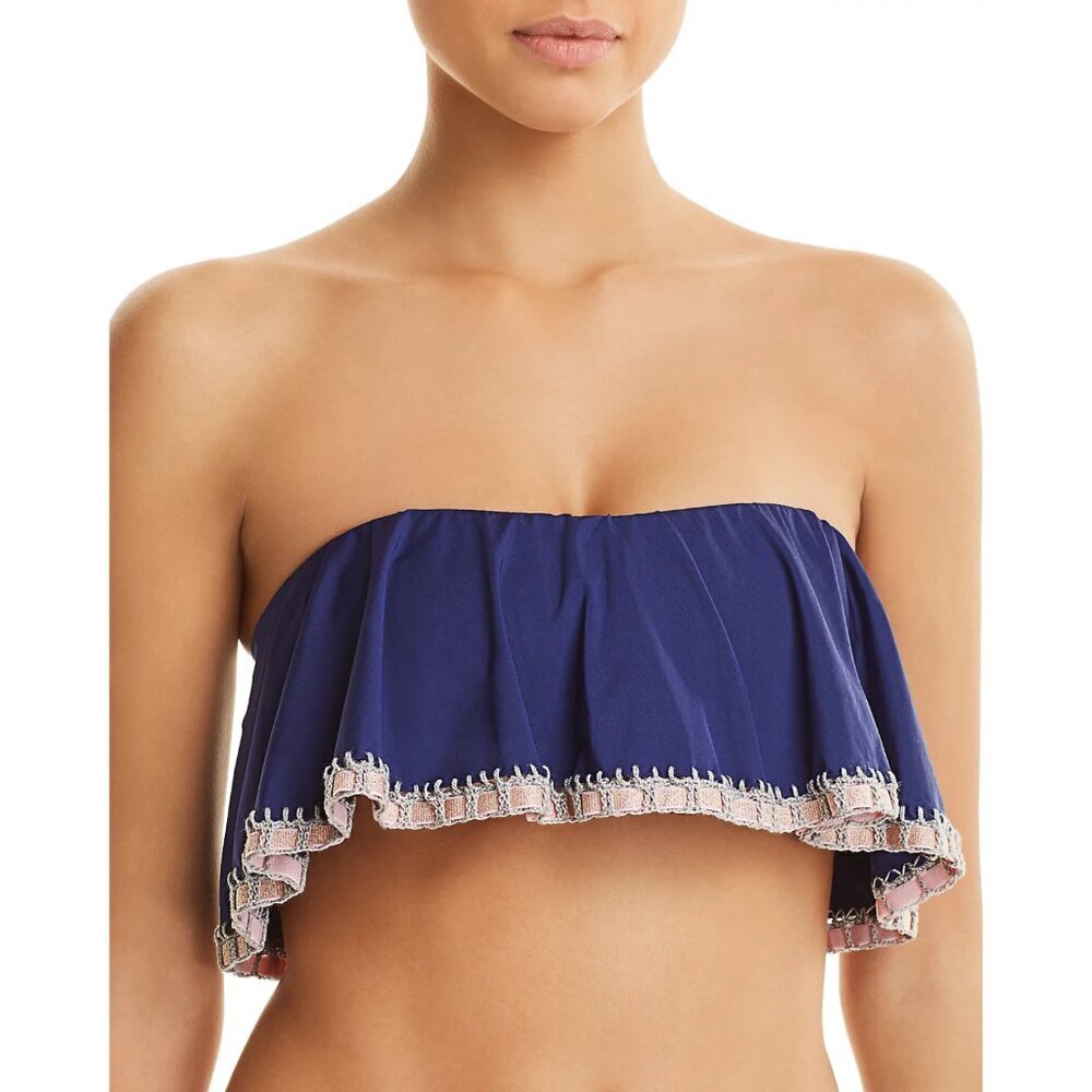 NEW Platinum Swimwear Crochet Trim Flutter Bandeau Bikini Top in Navy Sz. L